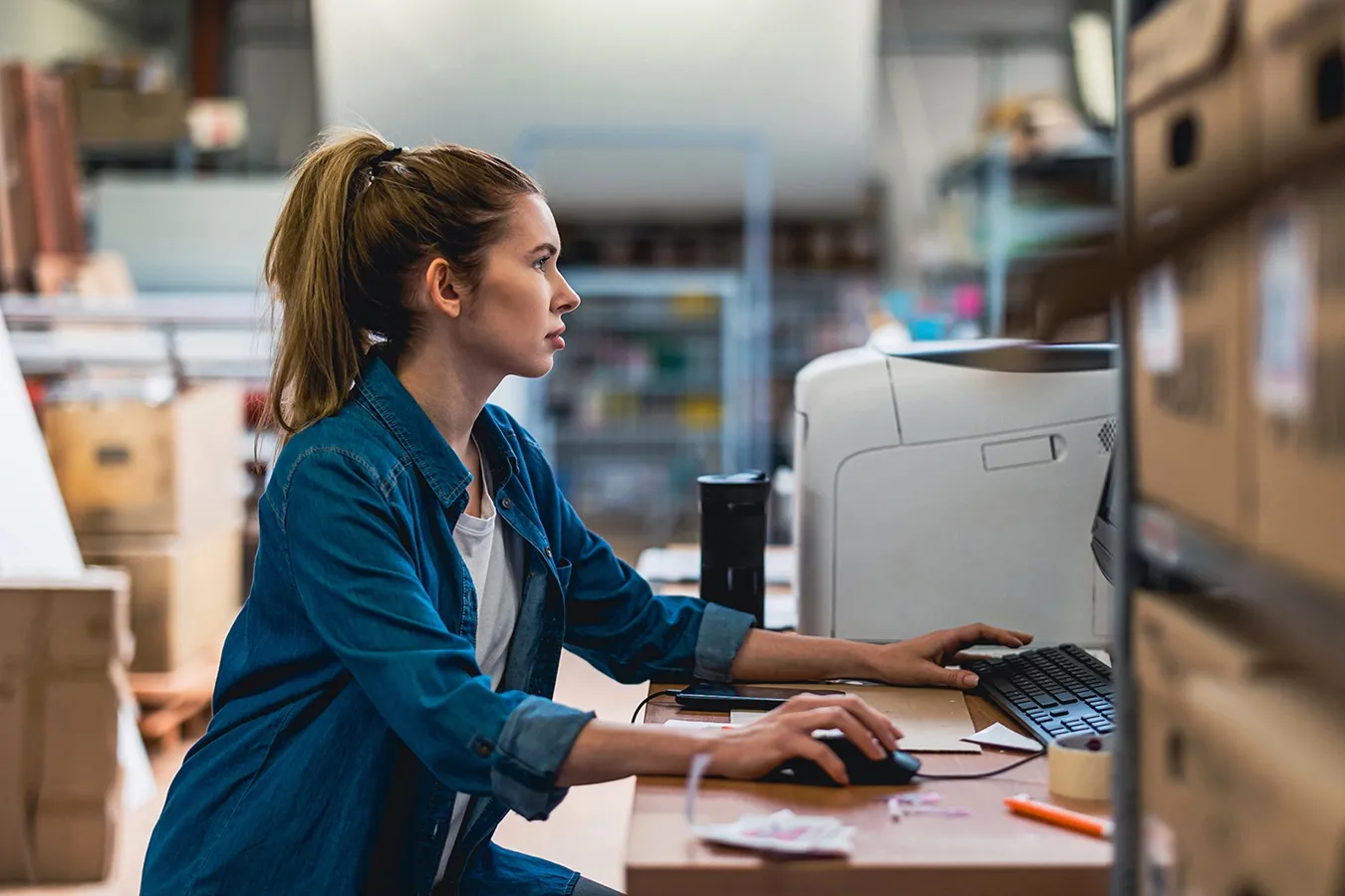 Young woman with ponytail using computer mouse and keyboard at desk in a warehouse or office.