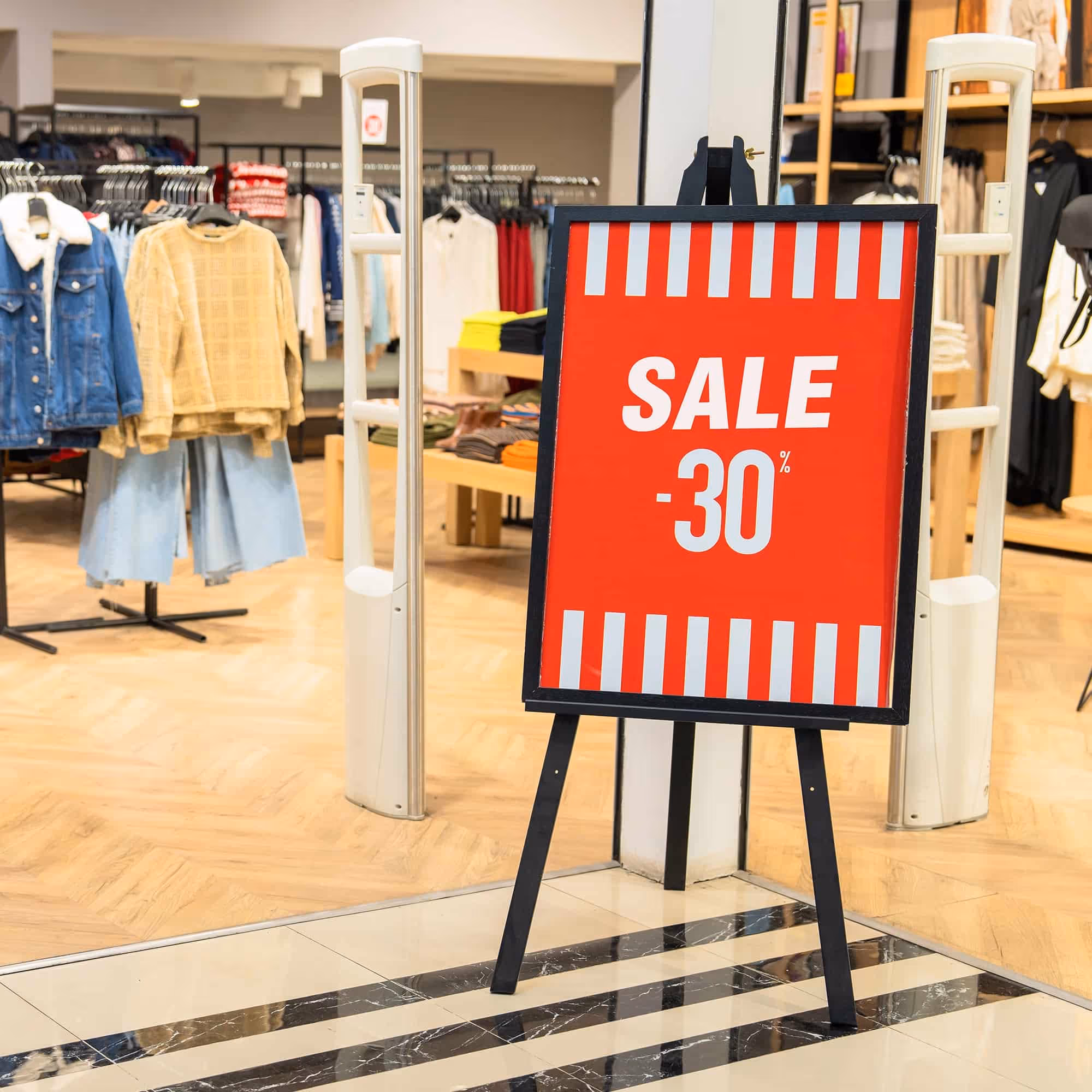 Red sale sign showing 30% off in a clothing store with racks of jackets and sweaters.