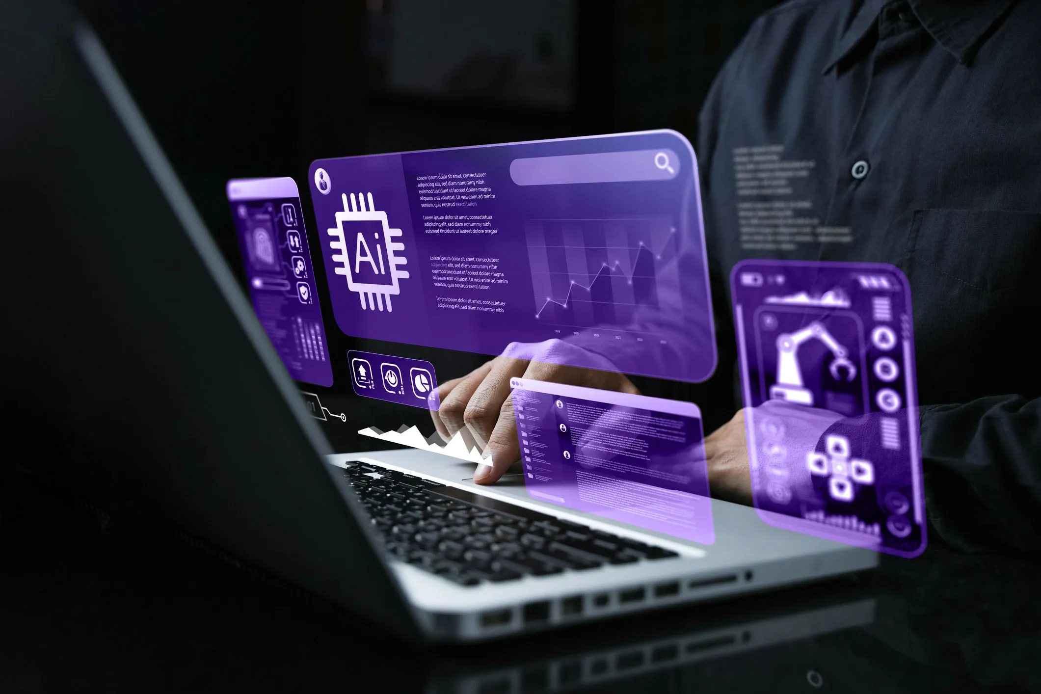 Person using laptop with floating digital AI interface panels showing graphs and control icons.