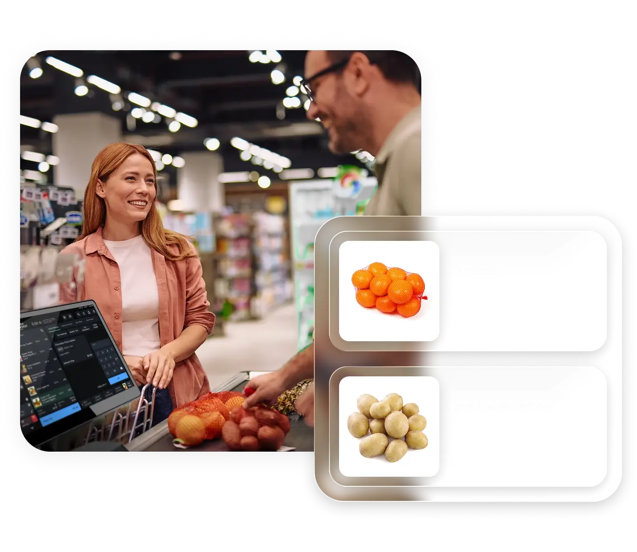Woman smiling at cashier while placing groceries on checkout counter in a supermarket.