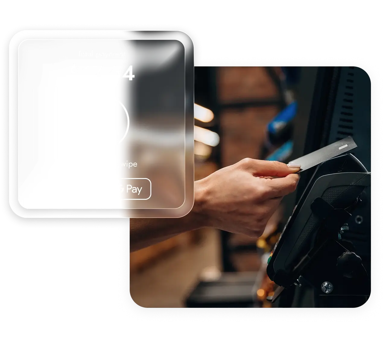 Hand holding a card to a payment terminal for a contactless transaction in a retail setting.