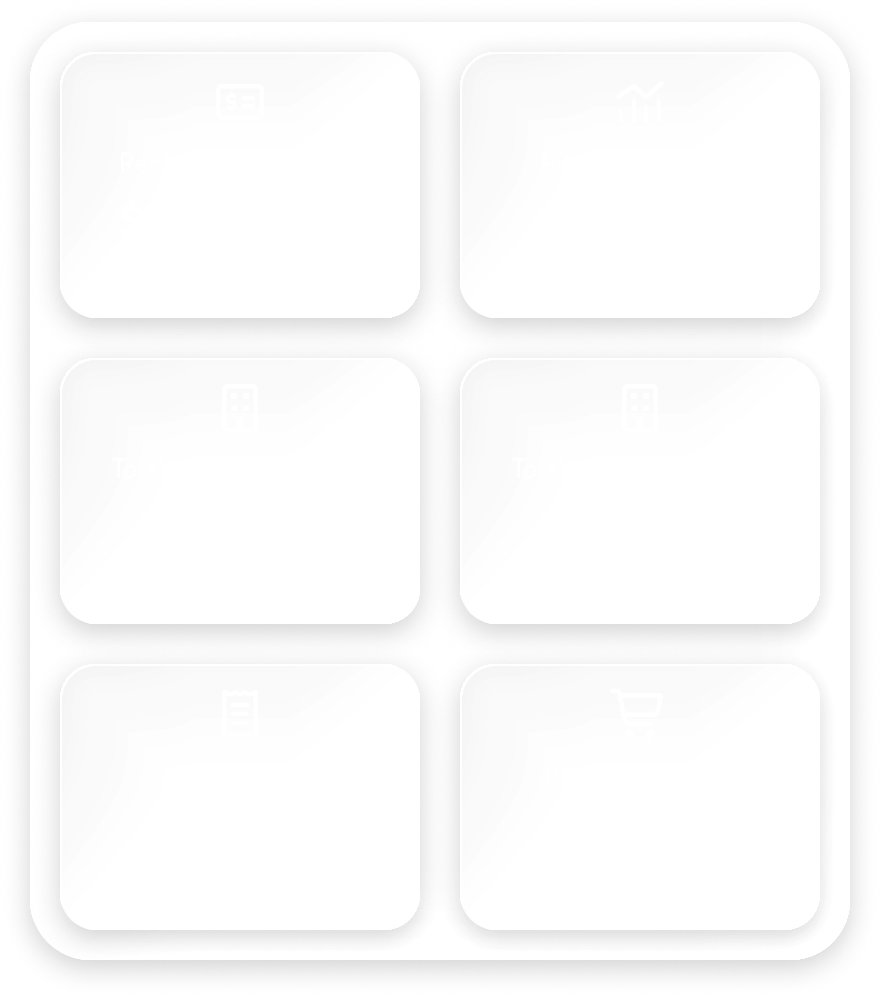 Six white rounded rectangles with faint icons on a dark gray rounded background.