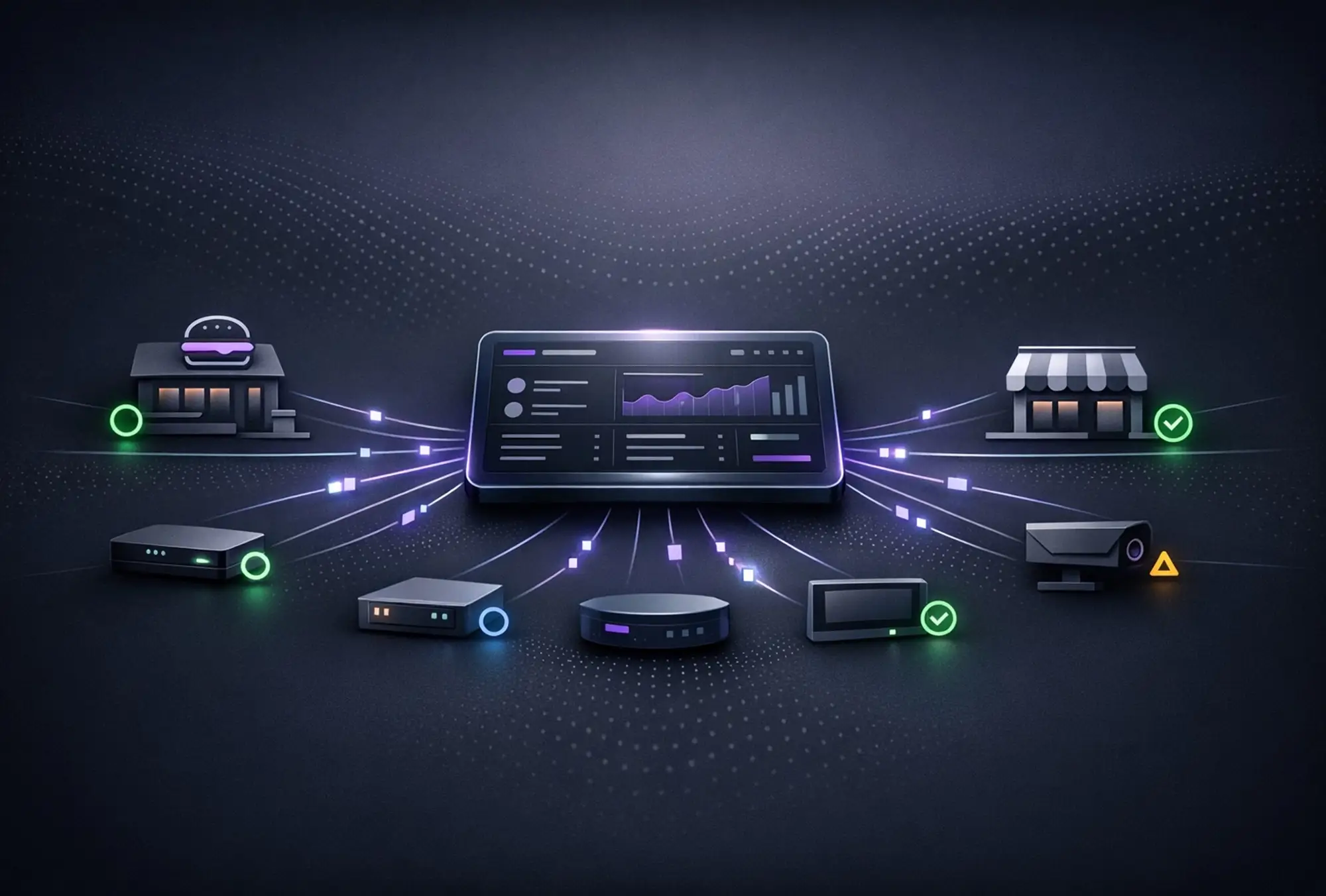 Central dashboard interface connected by data streams to devices, cameras, and storefronts with status indicators.