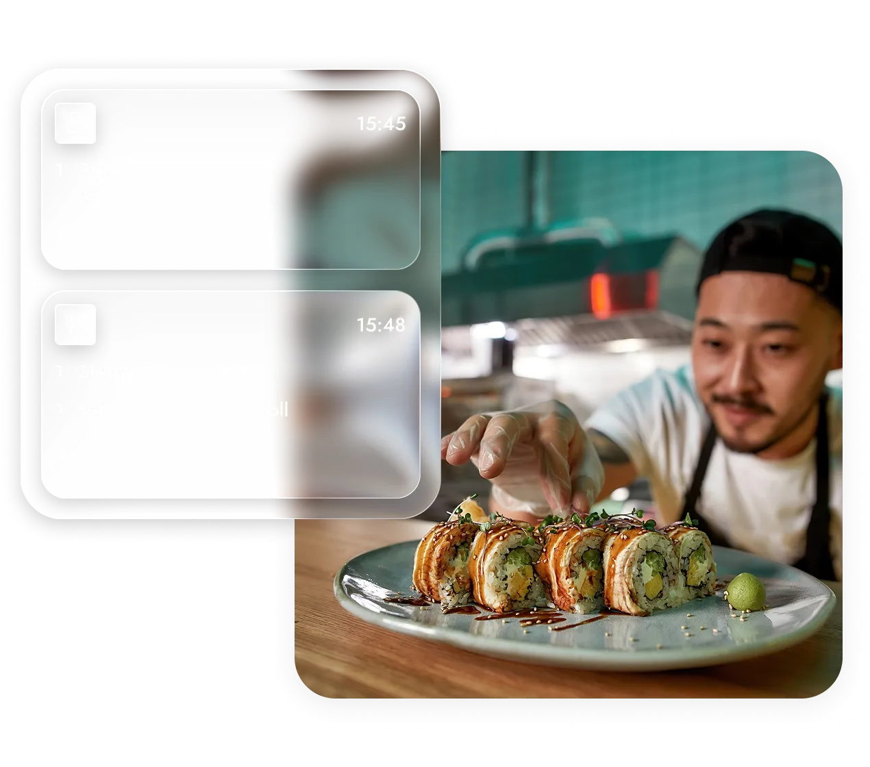 Chef in kitchen carefully placing garnish on a plate of sushi rolls with sauce and wasabi.