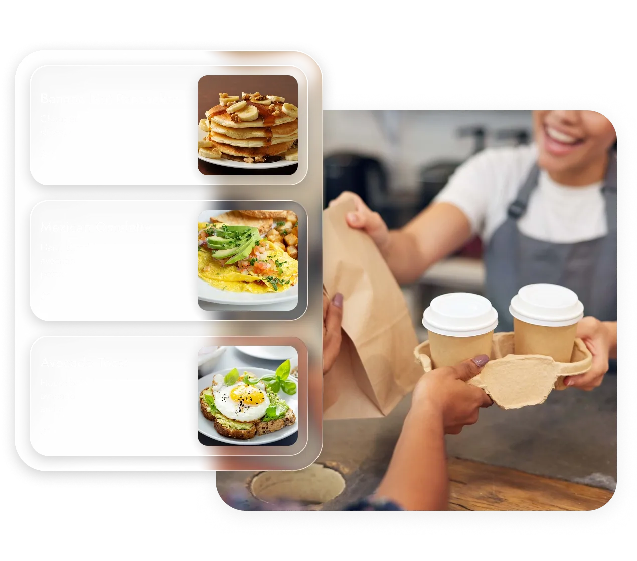 Person handing over coffee cups and a paper bag to a customer at a counter, with food menu images overlay.