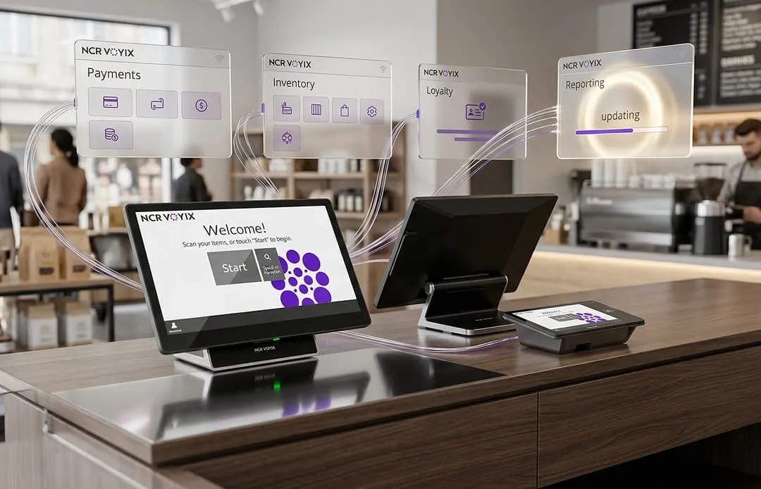 Point-of-sale systems on a counter connected to software modules for payments, inventory, loyalty, and reporting.