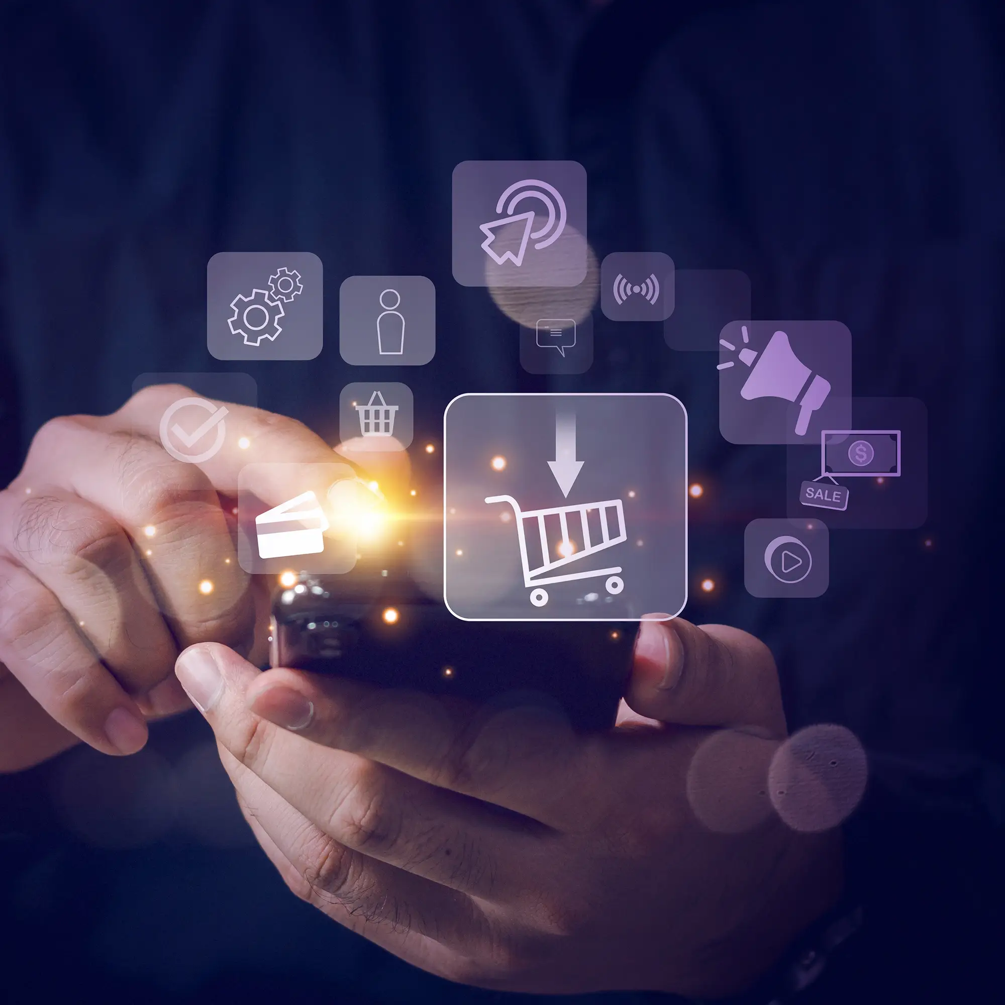 Person using smartphone with floating shopping cart, credit card, and digital icons for online shopping.