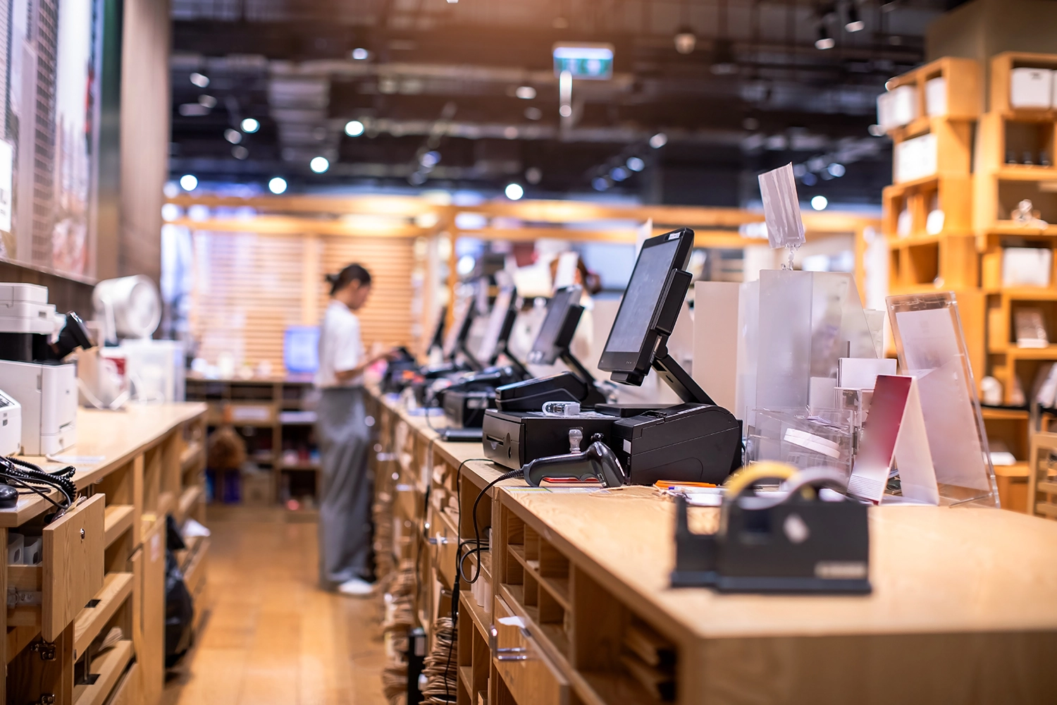 Row of point-of-sale terminals on counters with a blurred person in a modern retail store.