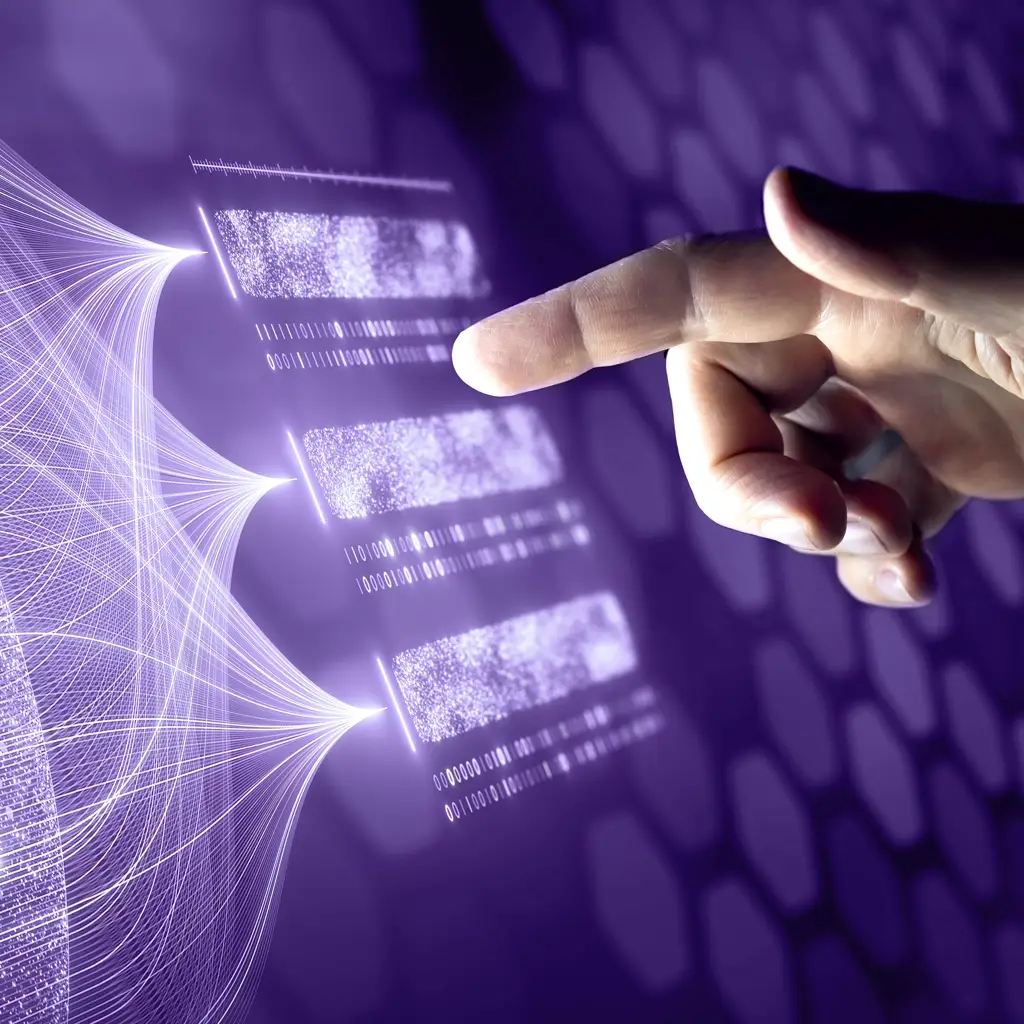Hand pointing at digital interface with glowing data streams and binary code on a purple background.