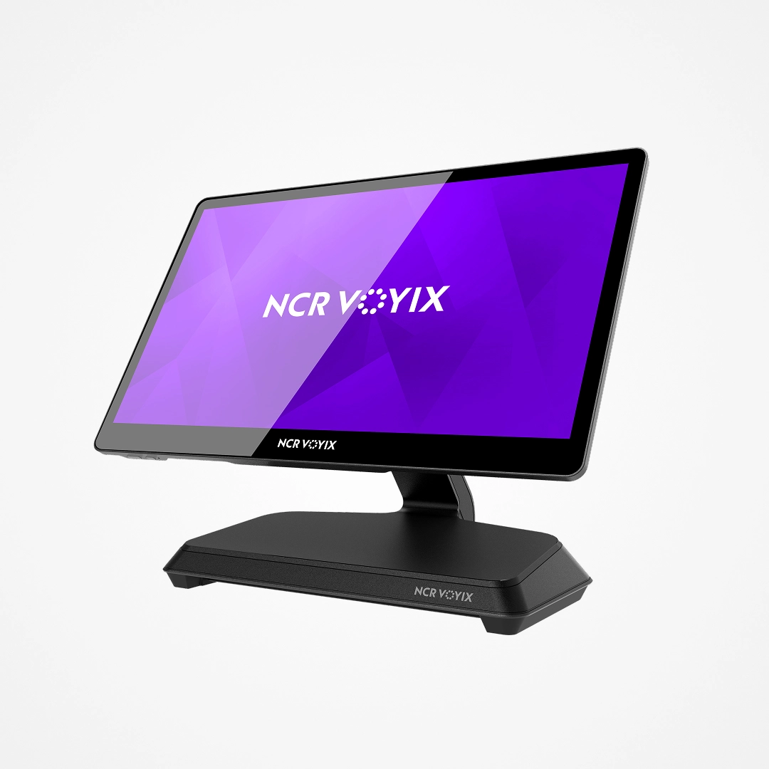 Sleek black NCR Voyix point-of-sale touchscreen device with a purple display screen.