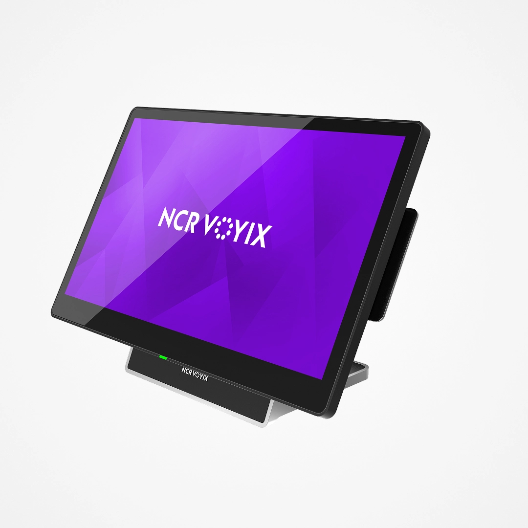 Black touchscreen point-of-sale terminal with NCR Voyix logo on purple screen.