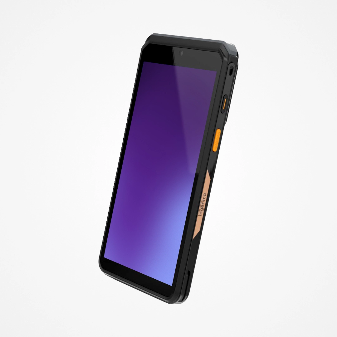Black rugged handheld device with a purple screen and orange buttons on a white background.