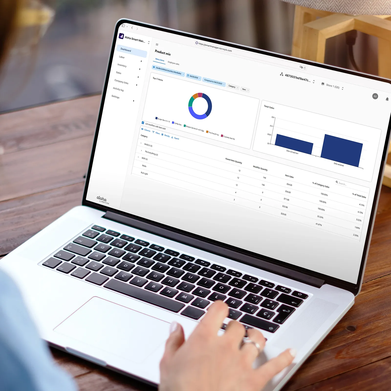Person using laptop showing Aloha Smart Manager dashboard with product mix charts and sales data.