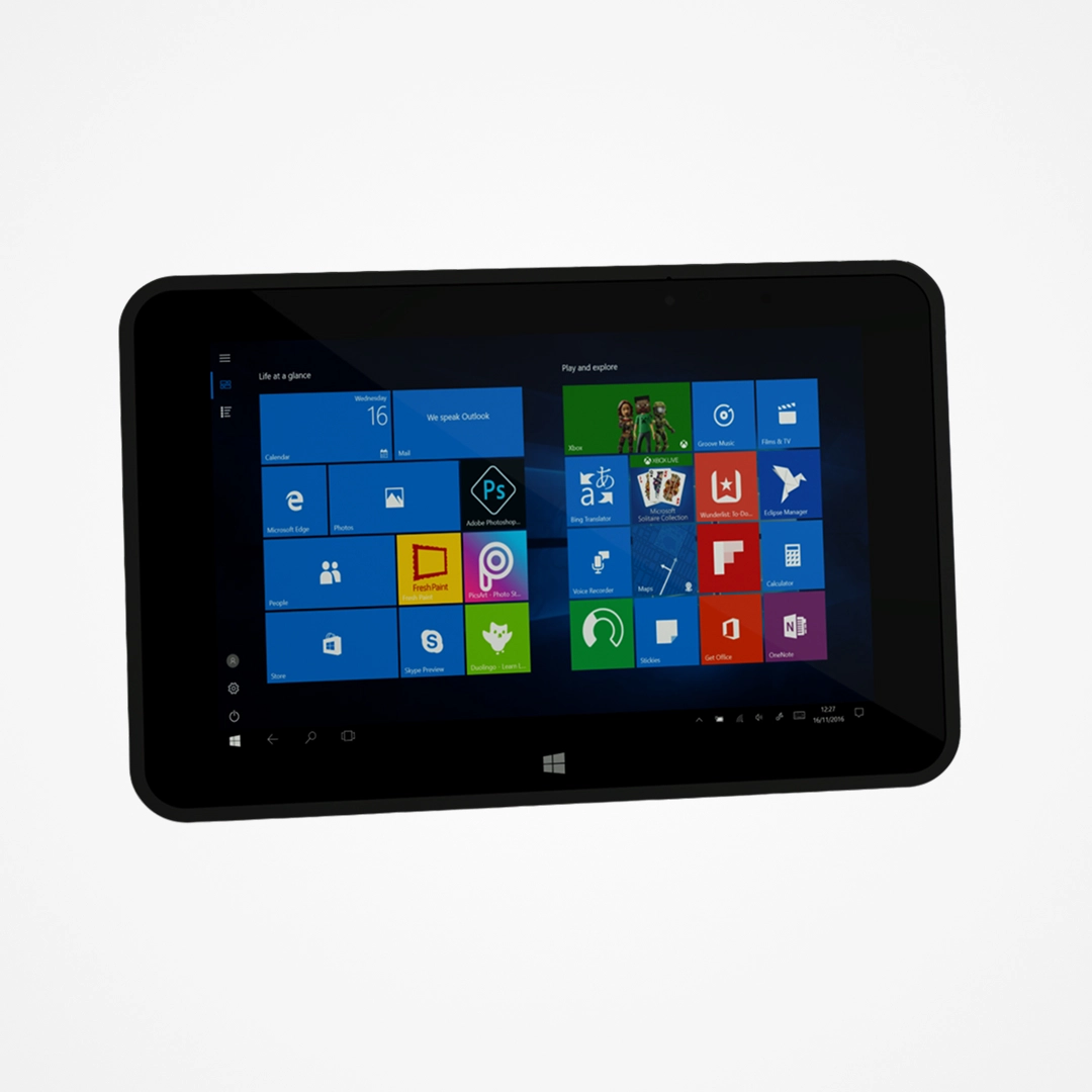 Tablet computer displaying Windows Start menu with various app tiles visible on screen.