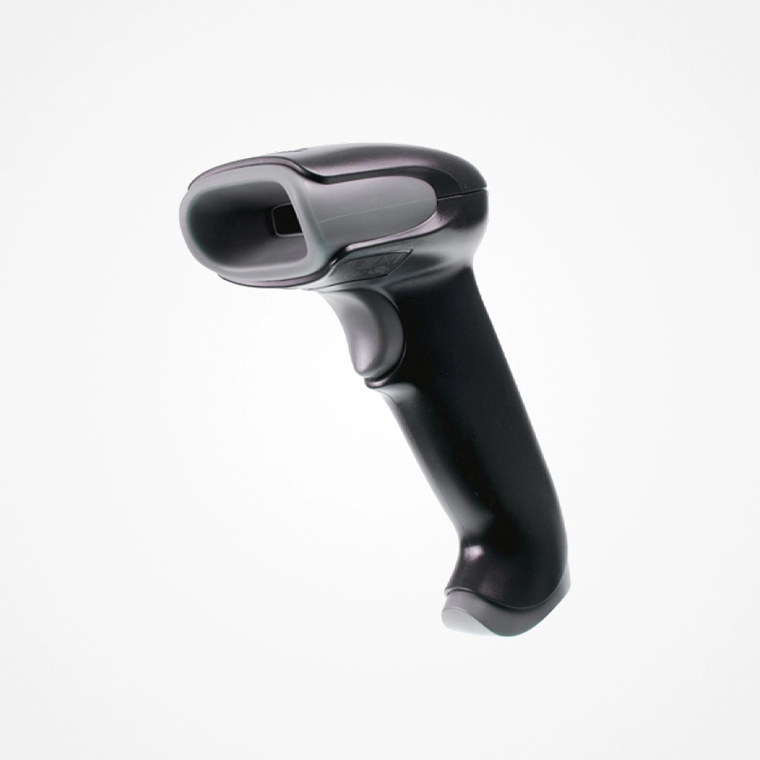 Black handheld barcode scanner with ergonomic handle and trigger button, shown on a white background.