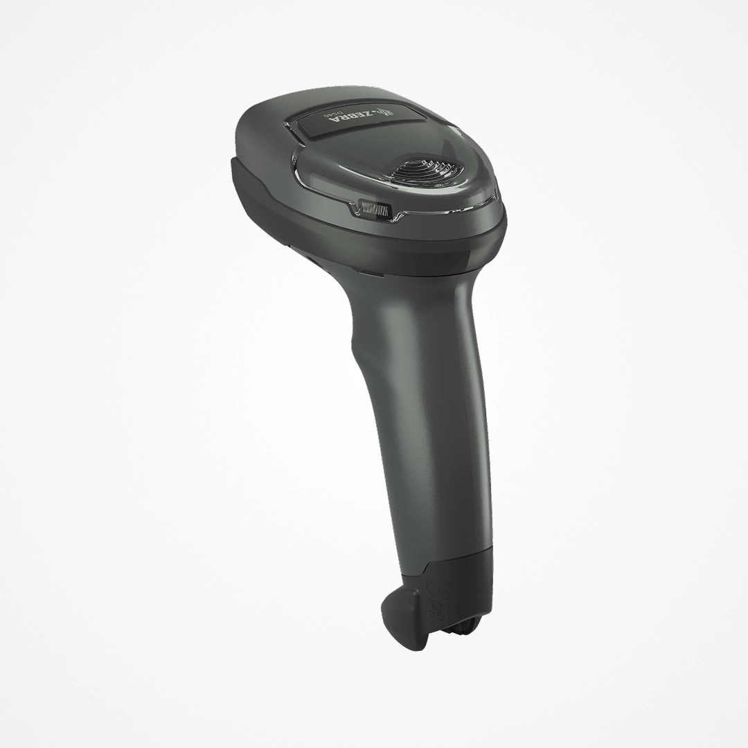 Black Zebra DS4608 handheld barcode scanner on a white background.