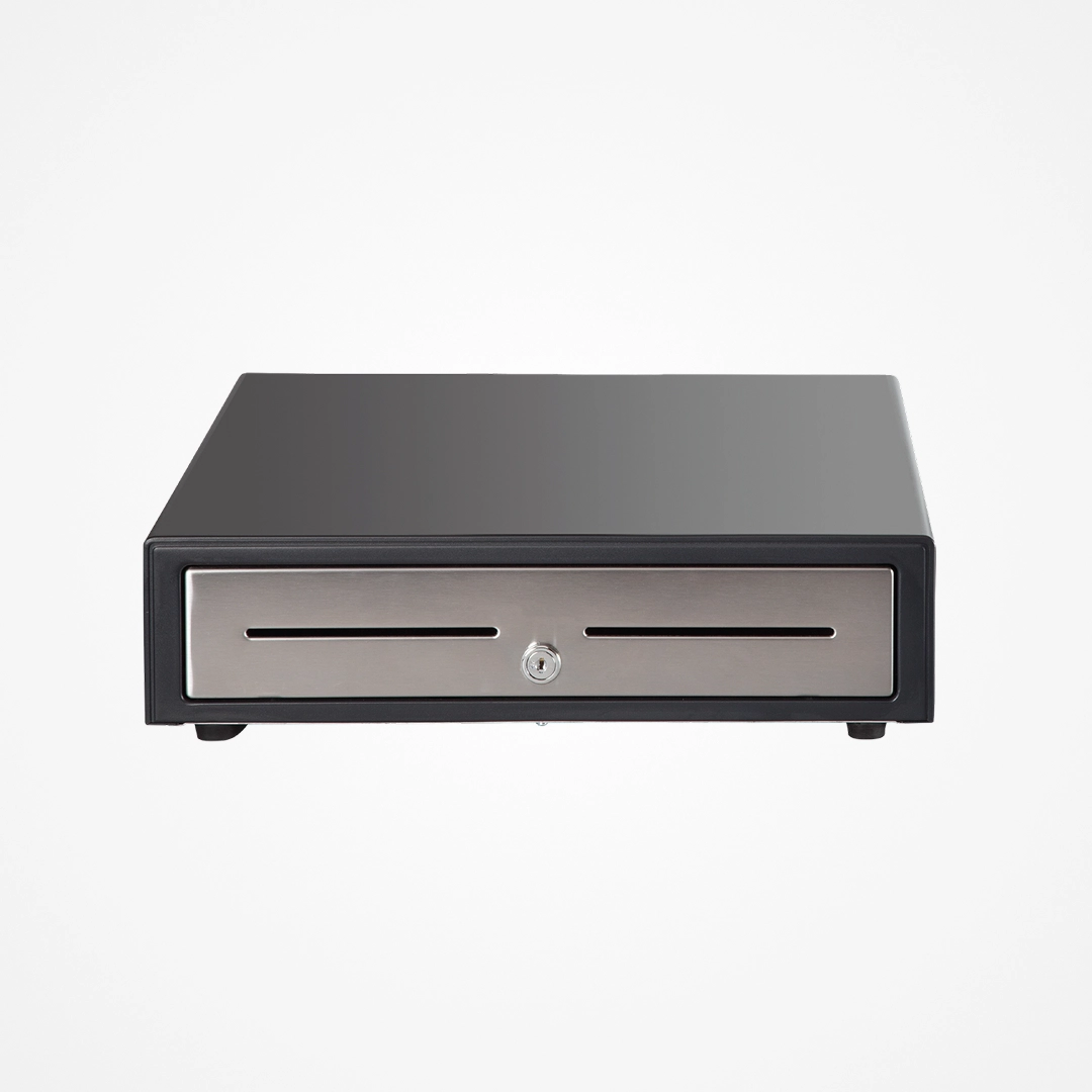 Black and silver metal cash drawer with two horizontal slots and a central key lock.