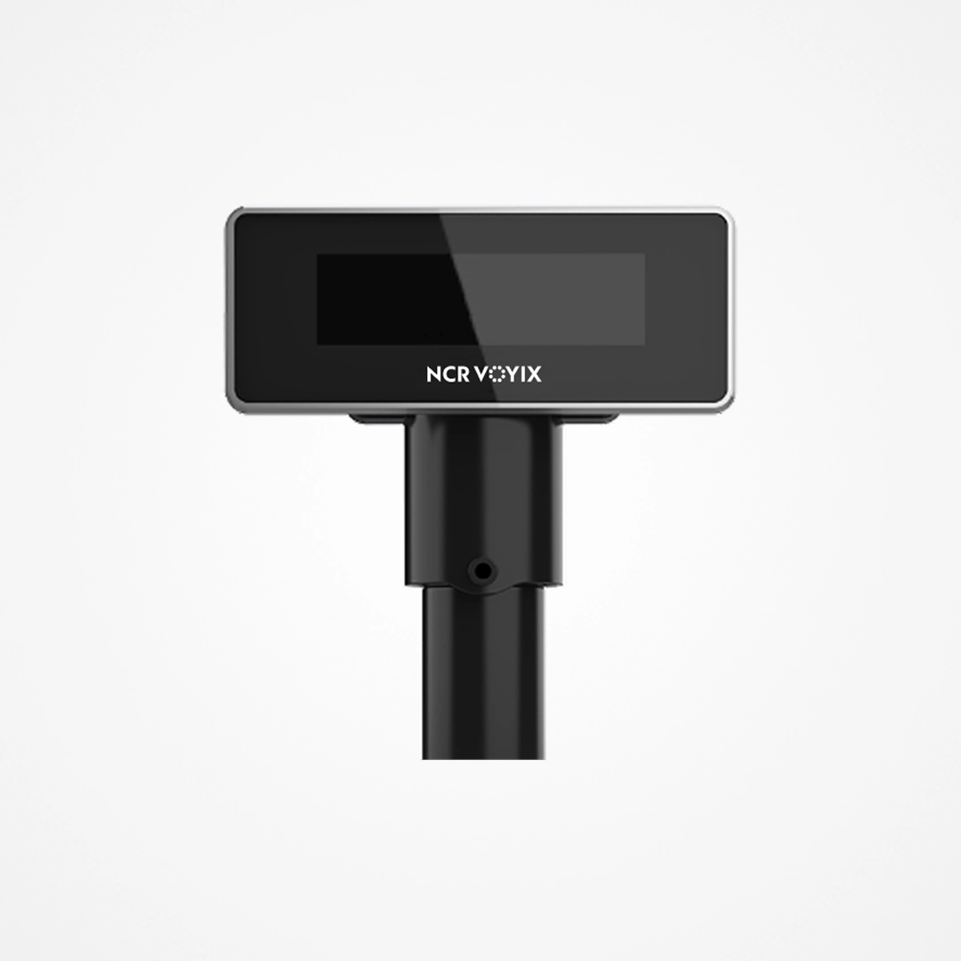 NCR Voyix customer display screen mounted on a black pole on a white background.