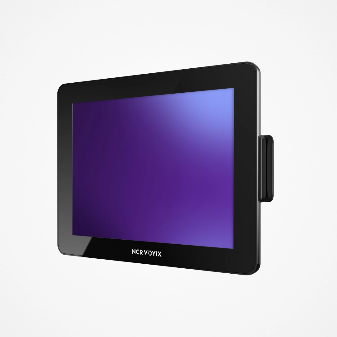 Black NCR Voyix touchscreen monitor with a purple display and a side attachment.