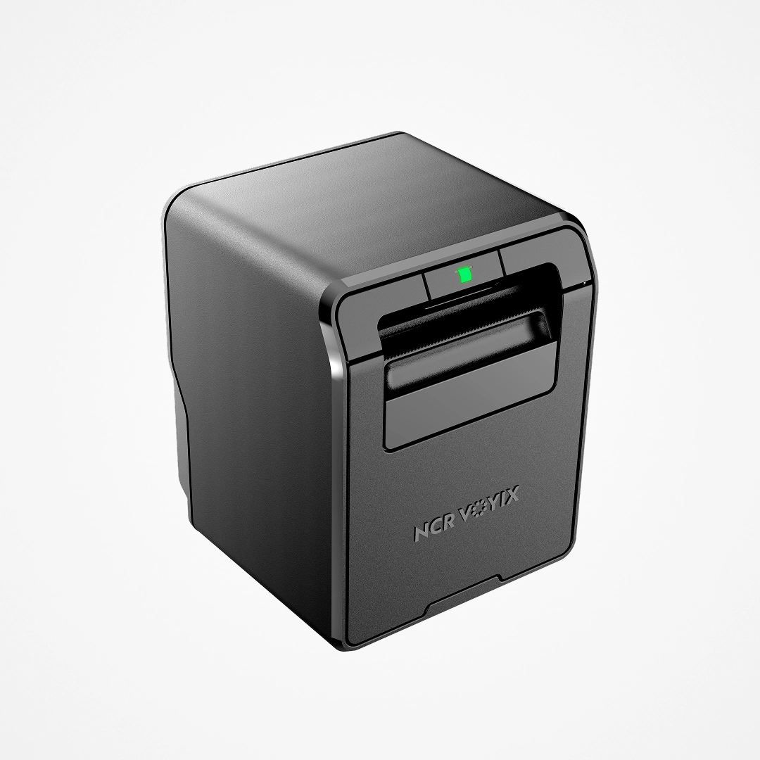 Compact black NCR Voyix thermal receipt printer with a green light on front.