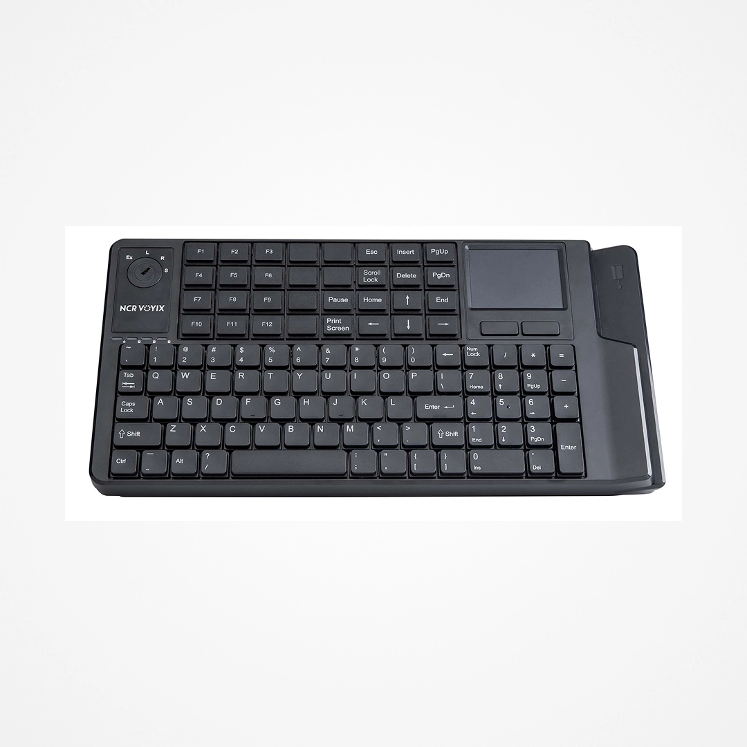Black NCR POS keyboard with function keys, numeric keypad, trackpad, and additional special keys.