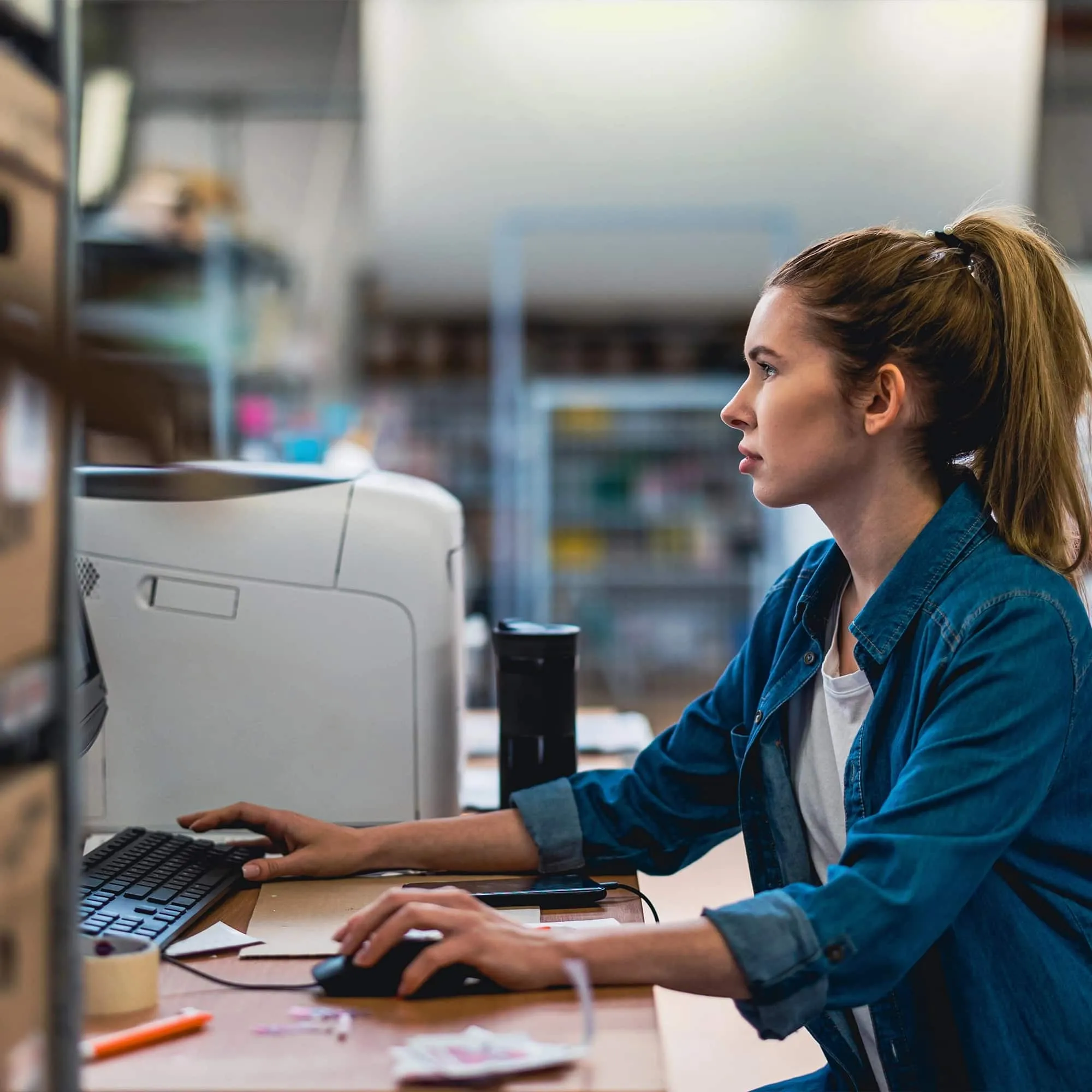 Young woman in a denim jacket working at a computer in a busy office or storage area.