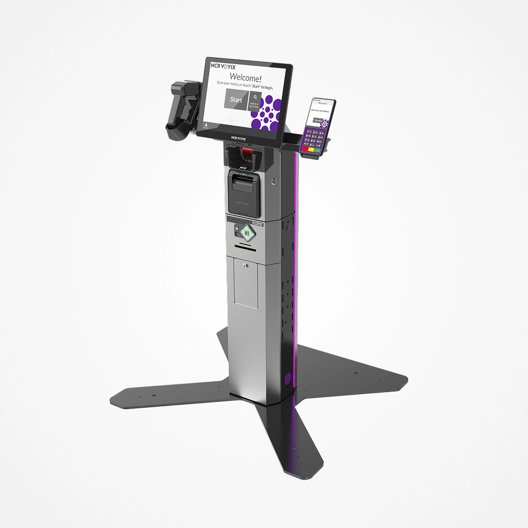 Self-checkout kiosk with touchscreen, barcode scanner, receipt printer, and card payment terminal.