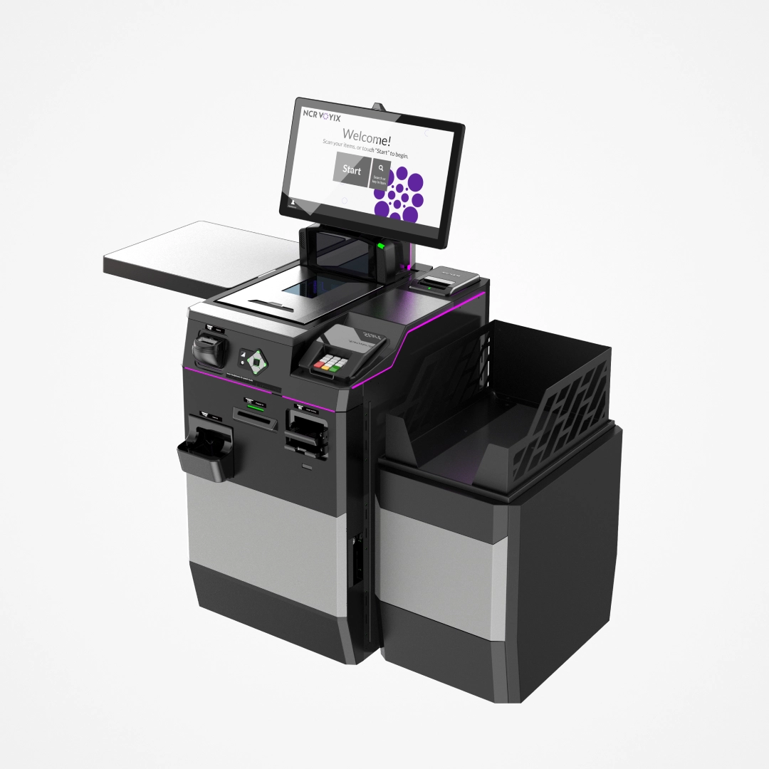 Modern NCR self-checkout machine with touchscreen, card reader, cash dispenser, and bagging area.
