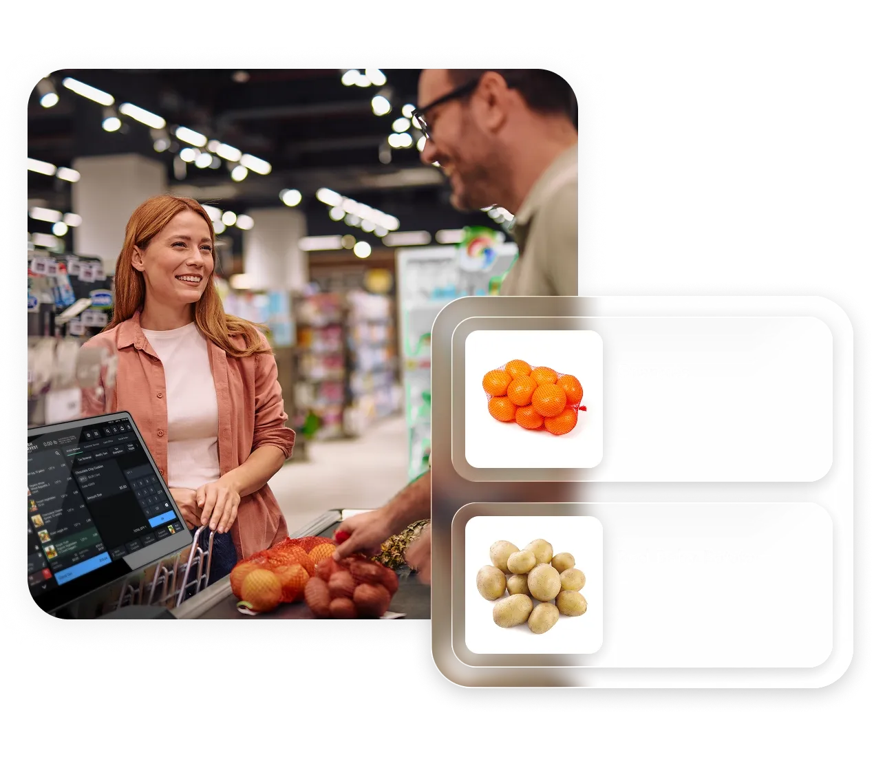 Smiling woman at checkout counter with a man scanning produce including onions and potatoes.