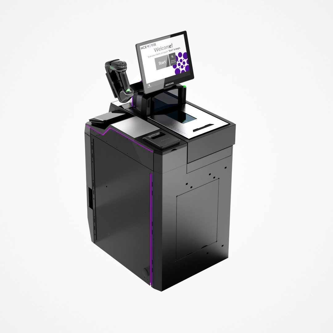 Modern black self-checkout kiosk with touchscreen display and barcode scanner.