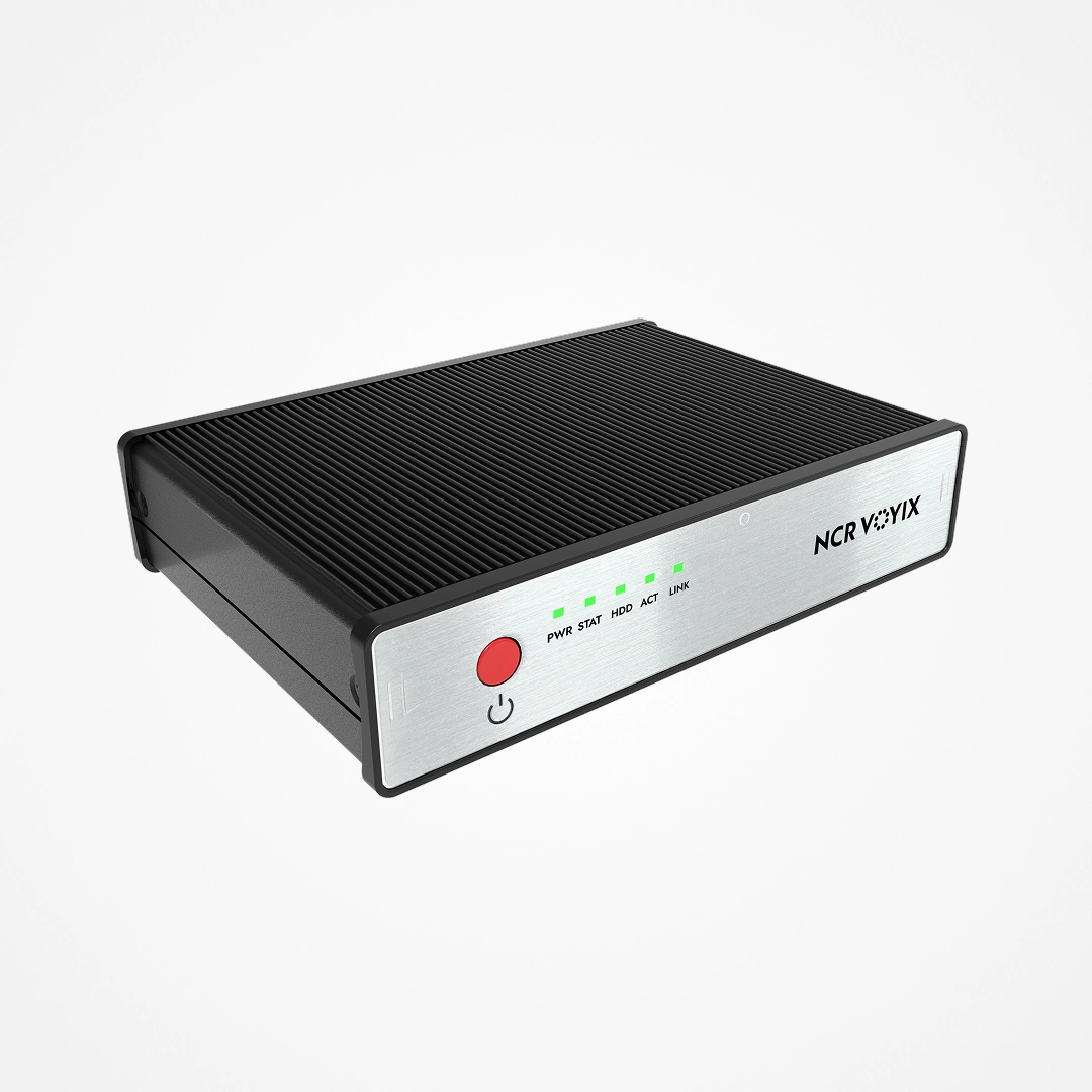 NCR VoIP hardware device with black ribbed top and silver front panel with indicator lights and red button.