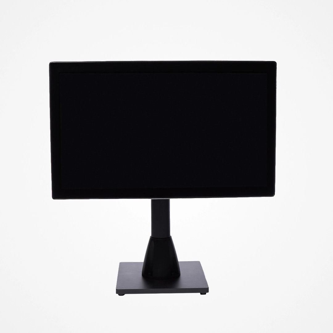 Black touchscreen point-of-sale display monitor on a square base stand with a white background.