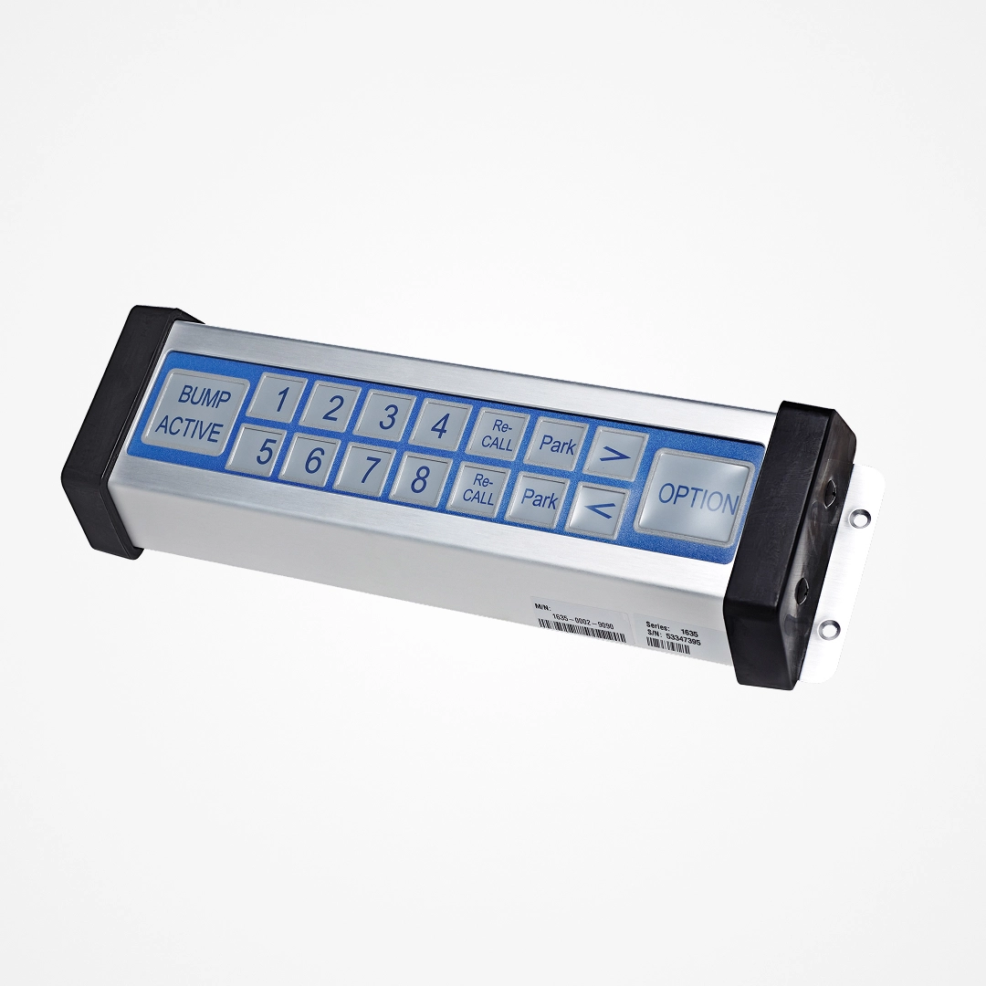 Rectangular control panel with numbered buttons, bump active, recall, park, and option keys.