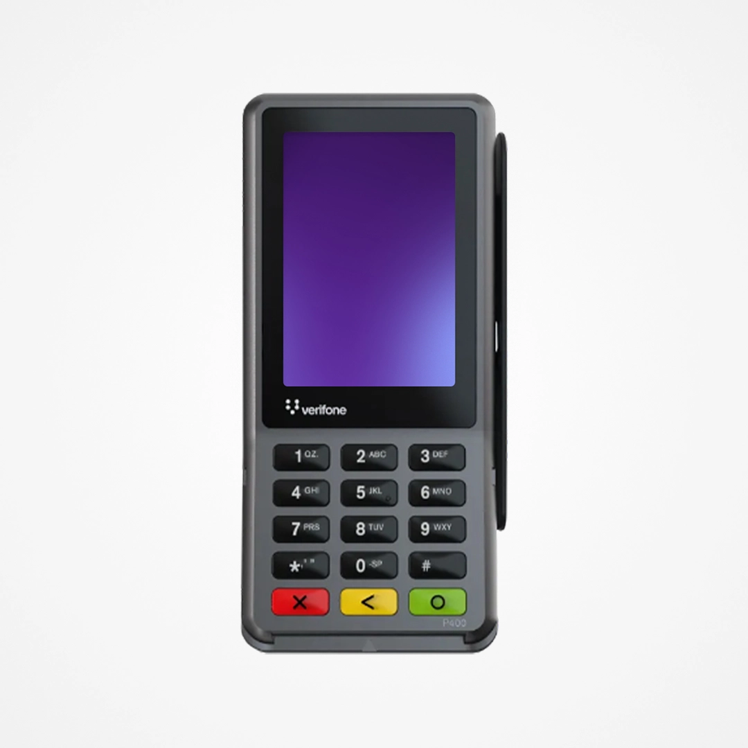 Verifone Engage P400 payment terminal with screen, numeric keypad, and color-coded function buttons.