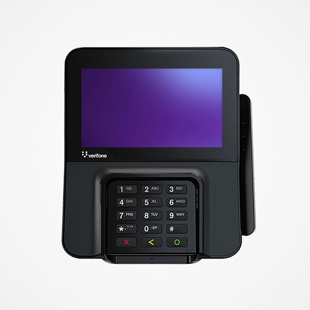 Black Verifone payment terminal with keypad and purple screen on white background.
