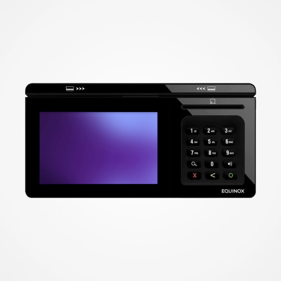 Black Equinox payment terminal with large screen and numeric keypad for card transactions.