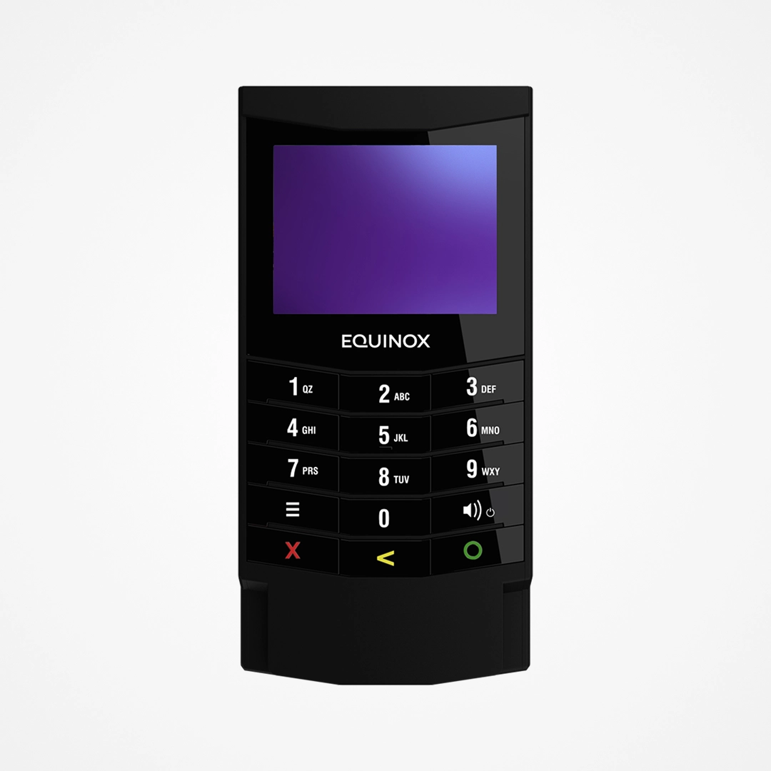 Black Equinox payment terminal with keypad and blank purple screen on white background.