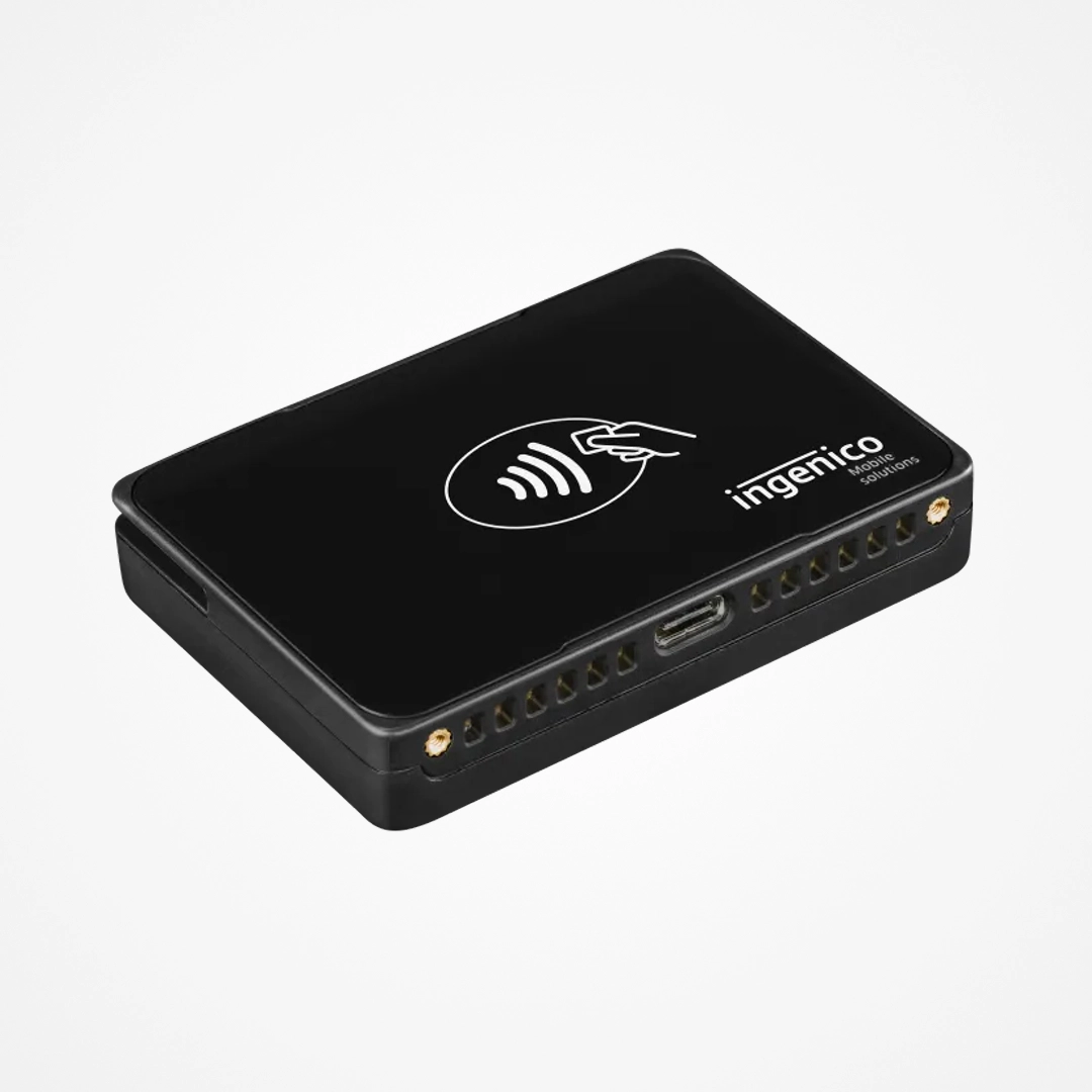 Black Ingenico Mobile Solutions device with contactless payment symbol on top.