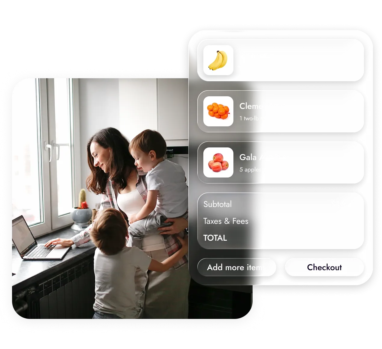 Mother with two children using a laptop by a window with a digital grocery checkout overlay.