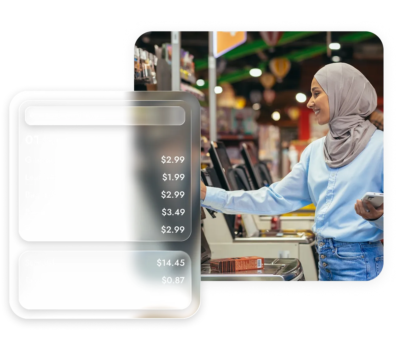 Smiling woman in a hijab using a self-checkout kiosk in a grocery store with a phone in hand.