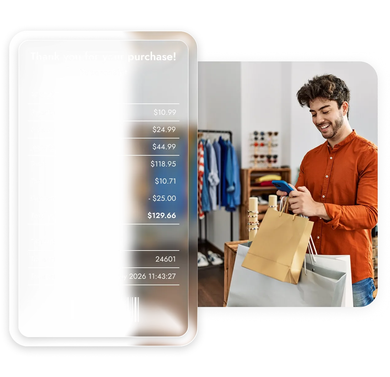 ショッピングバッグを持ち、衣料品店でスマートフォンを使用しているオレンジ色のシャツを着た笑顔の男性。
