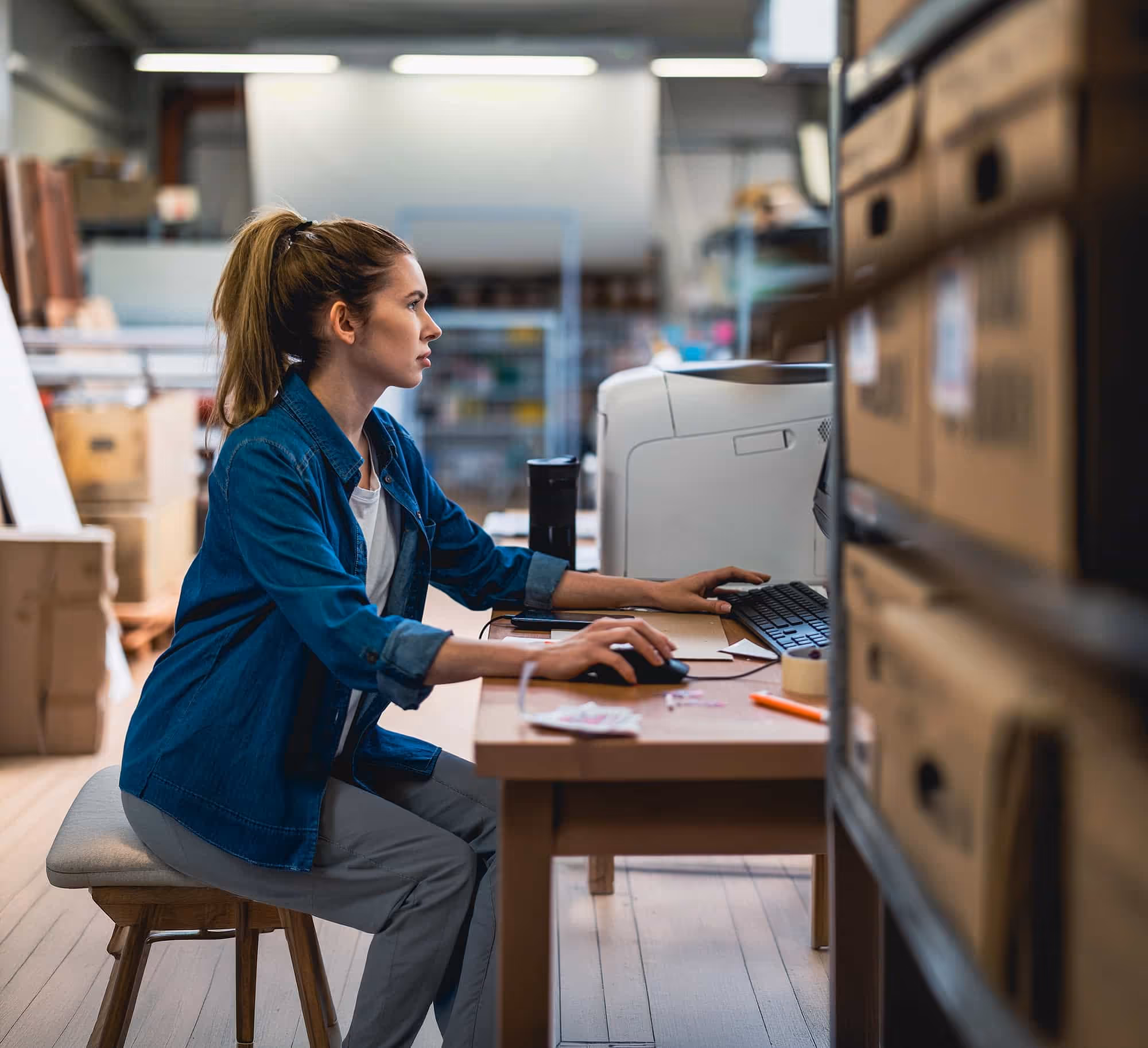 Woman working on computer at a cluttered desk in a warehouse or storage space.