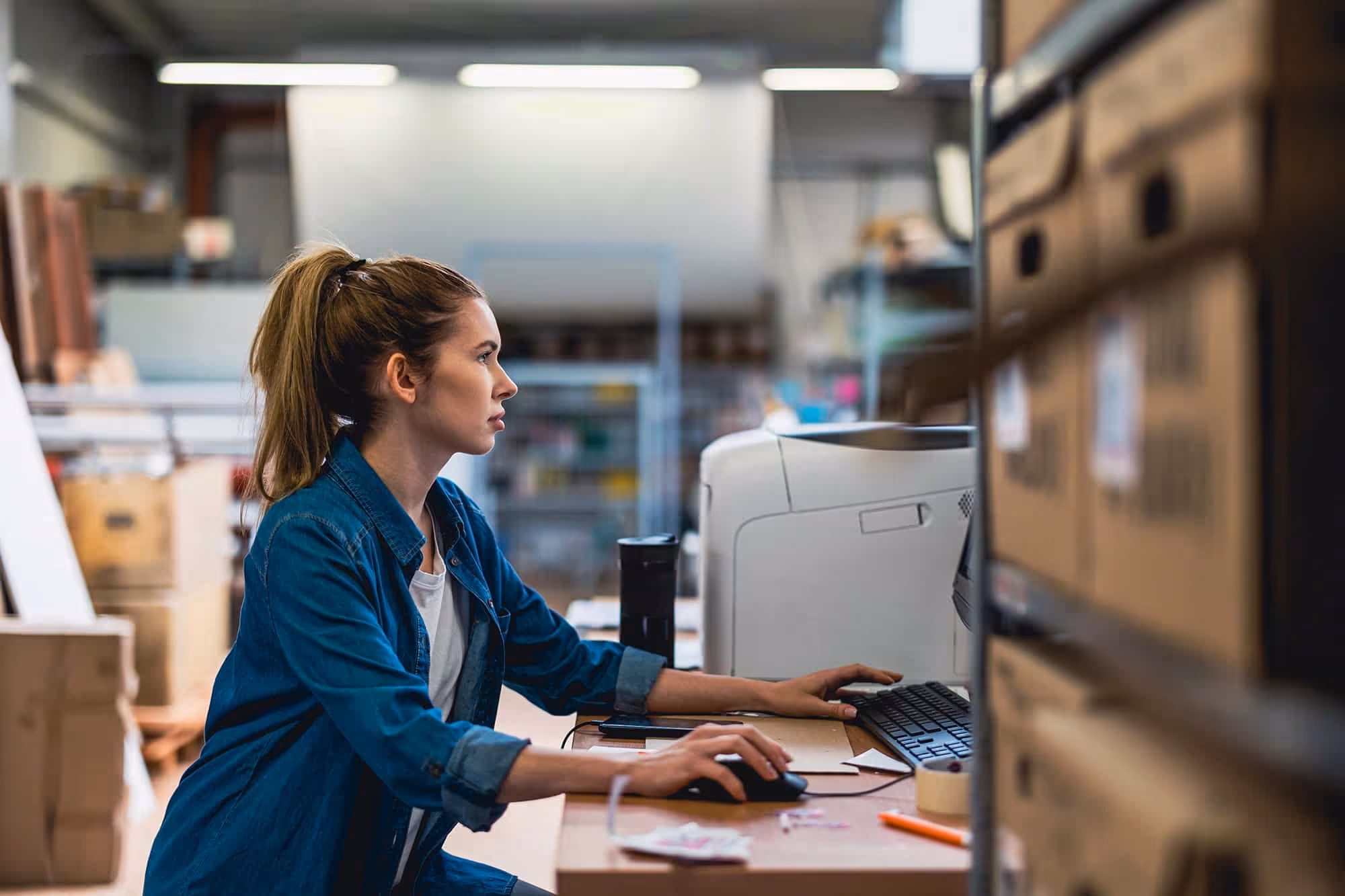 Young woman in denim shirt using computer mouse and keyboard at a desk in a warehouse or workshop.