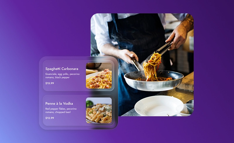 Chef cooking and serving spaghetti in a pan with menu cards for Spaghetti Carbonara and Penne à la Vodka.