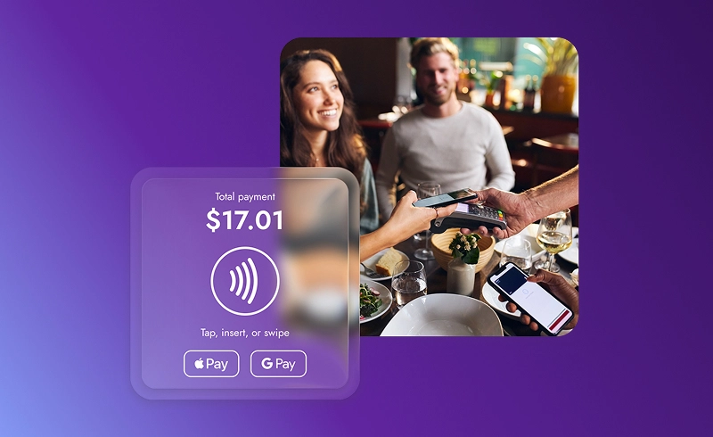 Woman tapped phone to pay $17.01 at restaurant using Apple Pay or Google Pay on a contactless terminal.