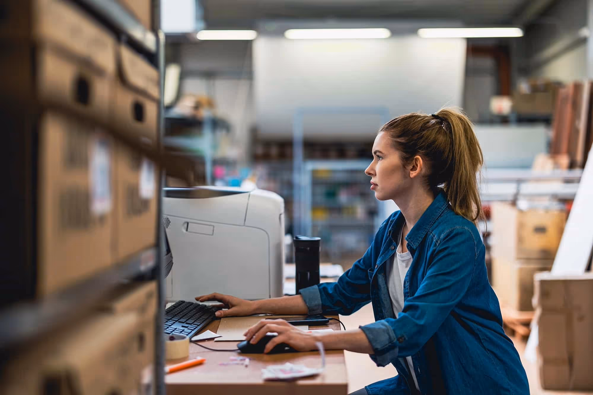 Woman in denim jacket using computer at a cluttered warehouse desk with boxes around her.