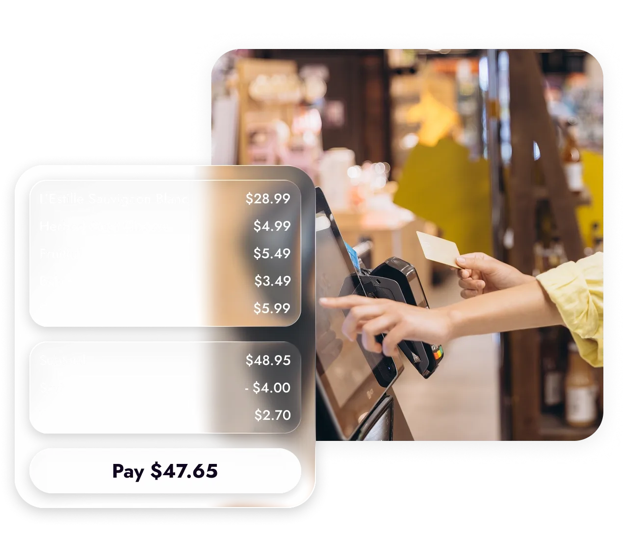 Person using self-checkout with card and touchscreen in a store with itemized bill overlay.