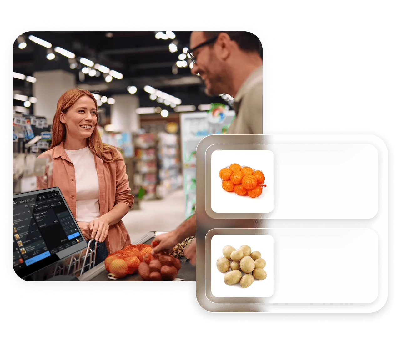 Woman and man at checkout counter with oranges and potatoes on conveyor belt in grocery store.