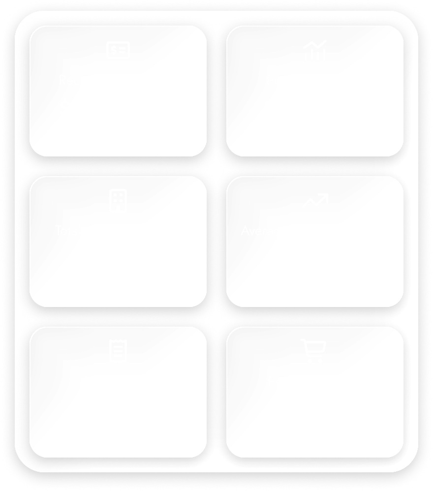 Grid of six white rounded rectangles with faint icons and text on a light gray background.