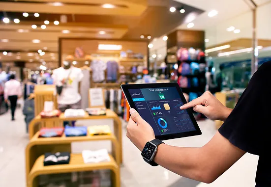 Person using tablet displaying retail space management dashboard inside a clothing store.